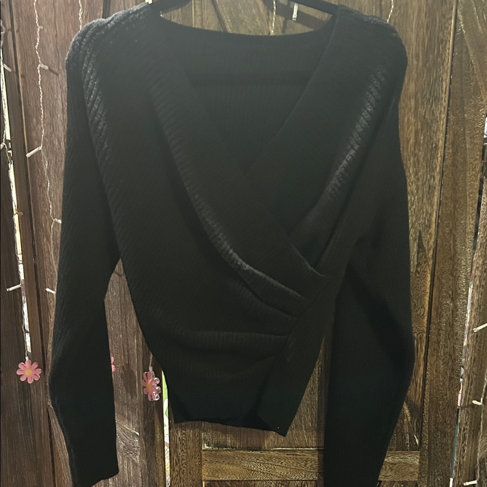 SHEIN Black V-Neck Wrap Sweater
